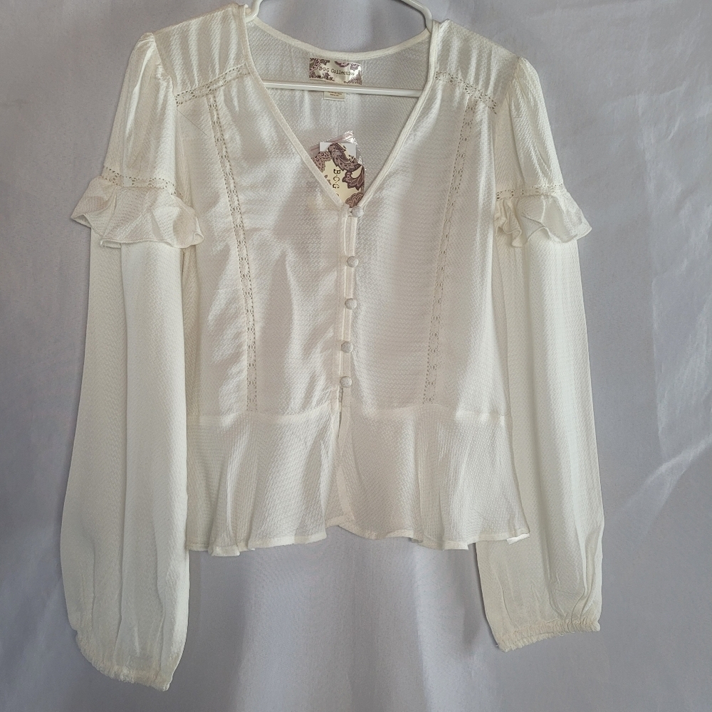 NWT BOG Collective Cream Ruffle Sleeve Cottagecore Boho Button Front Blouse S